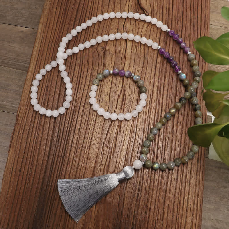 Bracelet Mala 108 perles en pierres précieuses | Agate blanche et améthyste