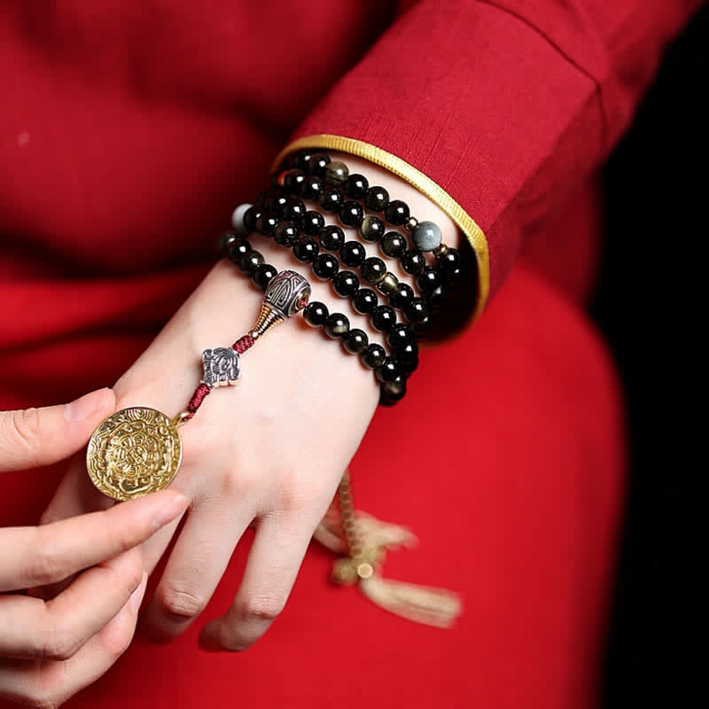Bracelet de richesse en obsidienne œil-de-tigre à 108 perles dorées et brillantes