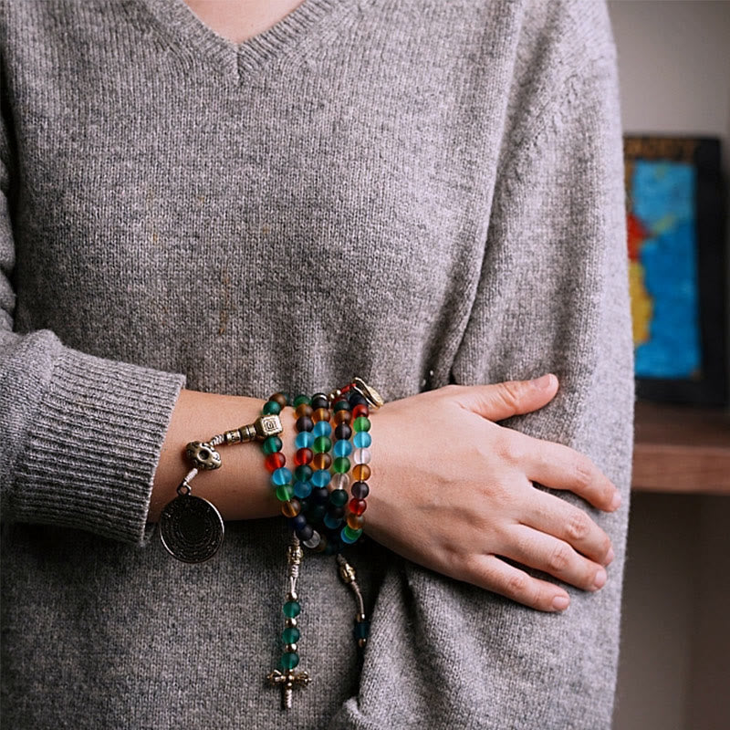 Bracelet Mala Liuli en verre de 108 perles avec breloques du zodiaque chinois