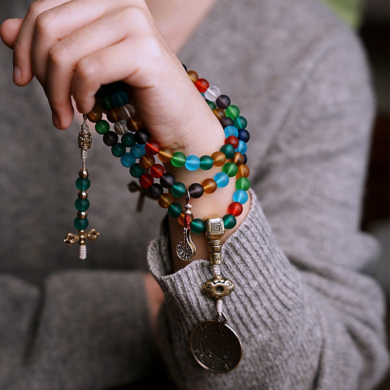 Bracelet Mala Liuli en verre de 108 perles avec breloques du zodiaque chinois