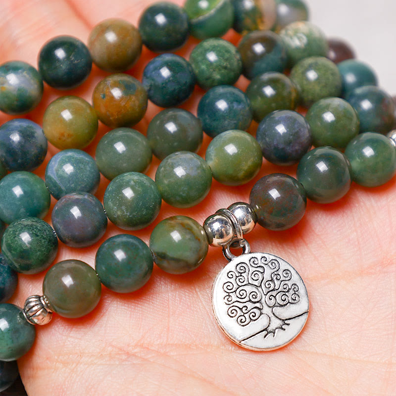 Bracelet Mala 108 perles en agate indienne avec symboles spirituels