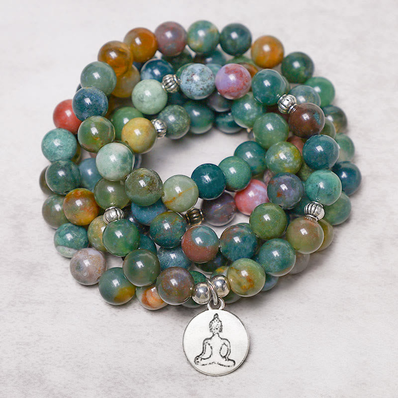 Bracelet Mala 108 perles en agate indienne avec symboles spirituels