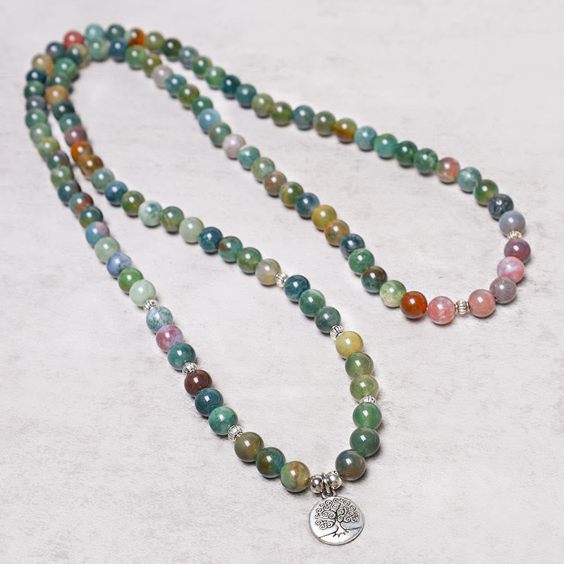 Bracelet Mala 108 perles en agate indienne avec symboles spirituels