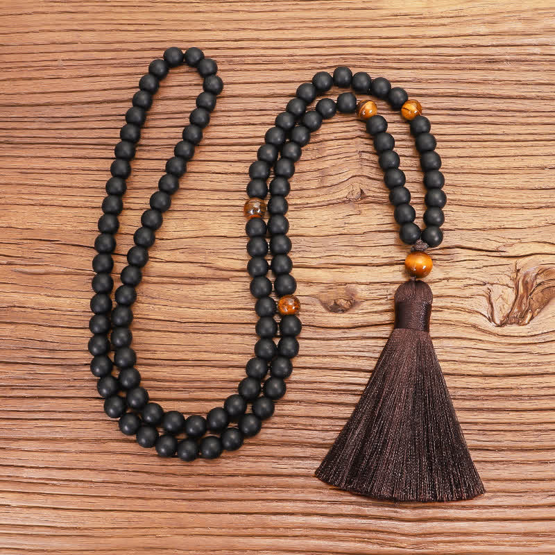 Collier Mala 108 perles en pierre givrée œil de tigre
