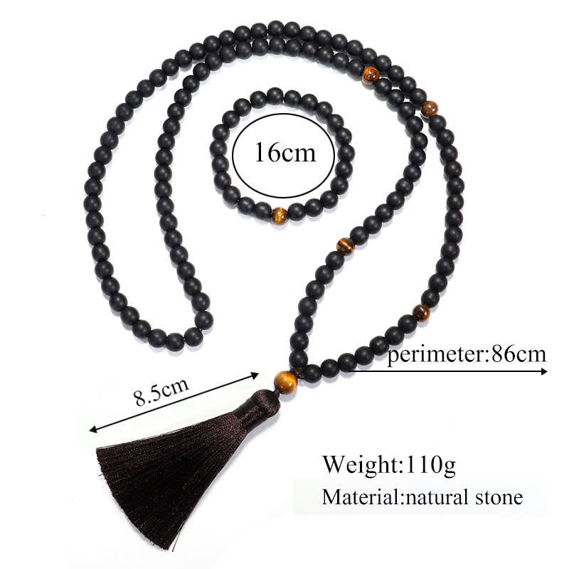 Collier Mala 108 perles en pierre givrée œil de tigre