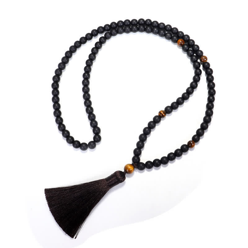 Collier Mala 108 perles en pierre givrée œil de tigre