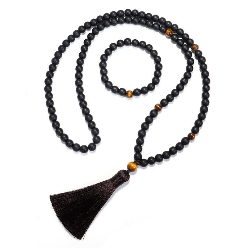 Collier Mala 108 perles en pierre givrée œil de tigre