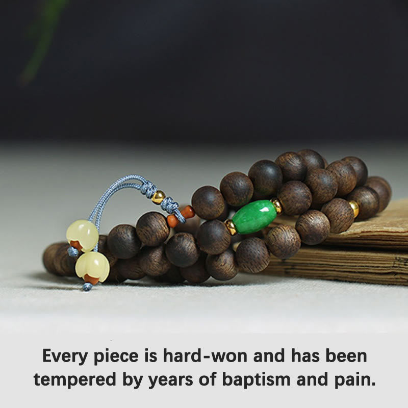 Bracelet de méditation Mala 108 perles avec bois d'agar, jade cyan et ambre