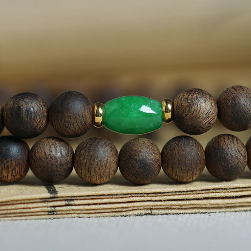 Bracelet de méditation Mala 108 perles avec bois d'agar, jade cyan et ambre