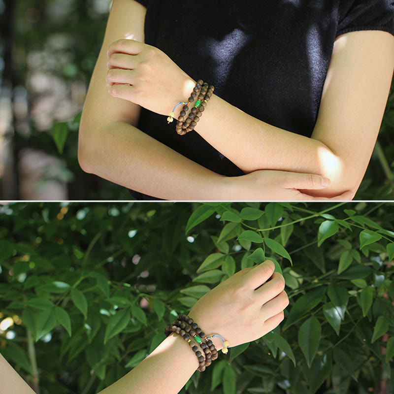 Bracelet de méditation Mala 108 perles avec bois d'agar, jade cyan et ambre