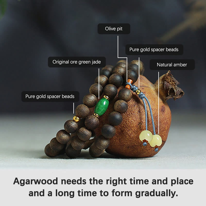 Bracelet de méditation Mala 108 perles avec bois d'agar, jade cyan et ambre