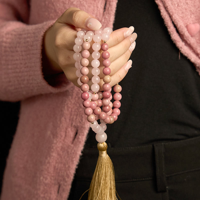 Bracelet Mala 108 perles en rhodonite et quartz rose pour une harmonie de guérison