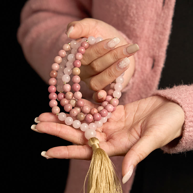 Bracelet Mala 108 perles en rhodonite et quartz rose pour une harmonie de guérison
