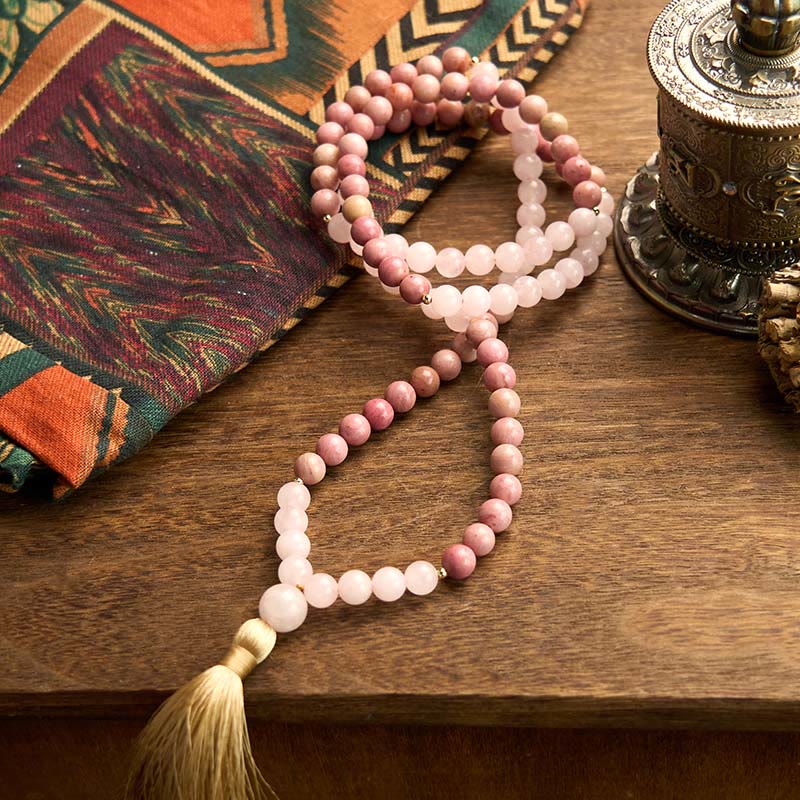 Bracelet Mala 108 perles en rhodonite et quartz rose pour une harmonie de guérison
