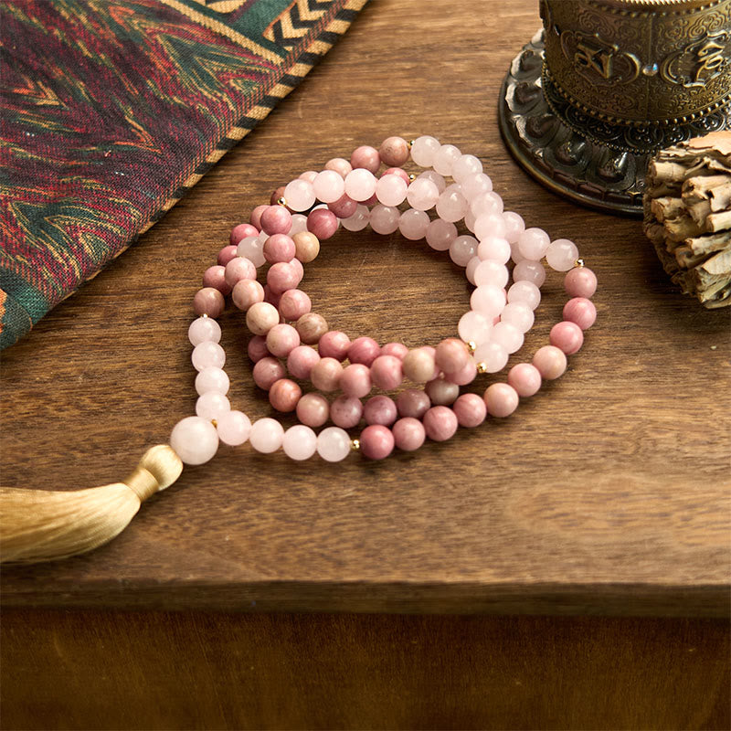 Bracelet Mala 108 perles en rhodonite et quartz rose pour une harmonie de guérison