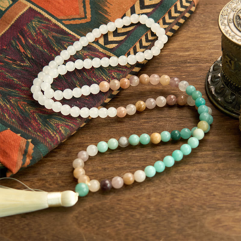 Bracelet Mala de guérison en jade blanc et amazonite à 108 perles