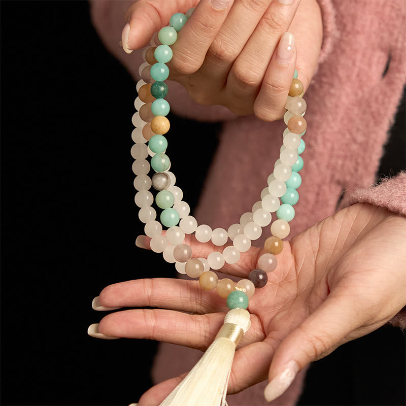 Bracelet Mala de guérison en jade blanc et amazonite à 108 perles