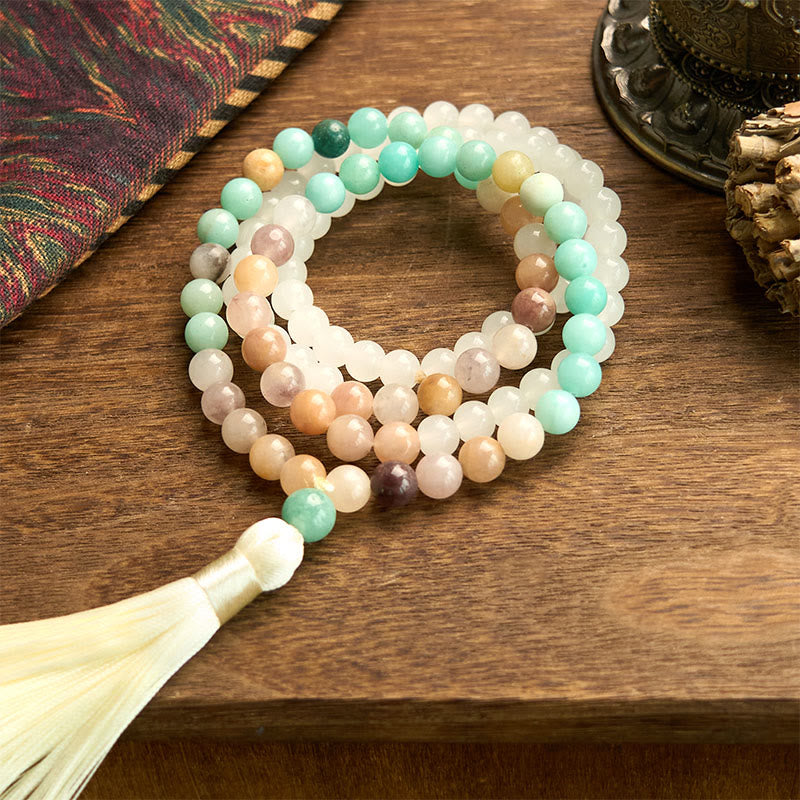 Bracelet Mala de guérison en jade blanc et amazonite à 108 perles