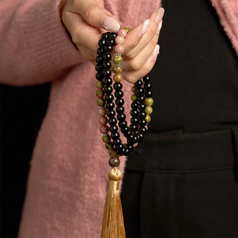 Mala unisexe de guérison 108 perles en jaspe noir et rhodonite