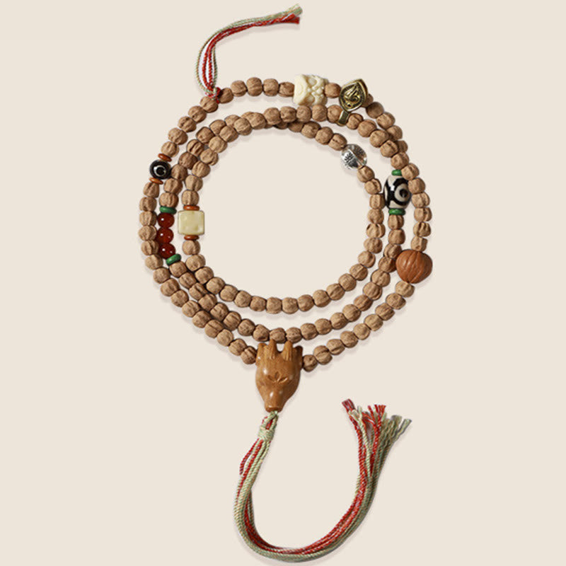Bracelet Mala de Sagesse 108 Perles en Agate Rouge et Tête de Cerf