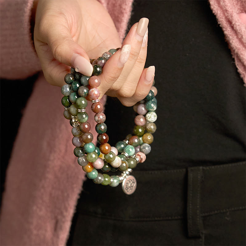 Bracelet de méditation en agate indienne 108 perles, lotus apaisant