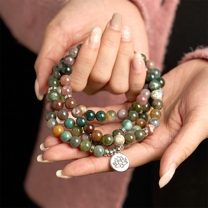 Bracelet de méditation en agate indienne 108 perles, lotus apaisant