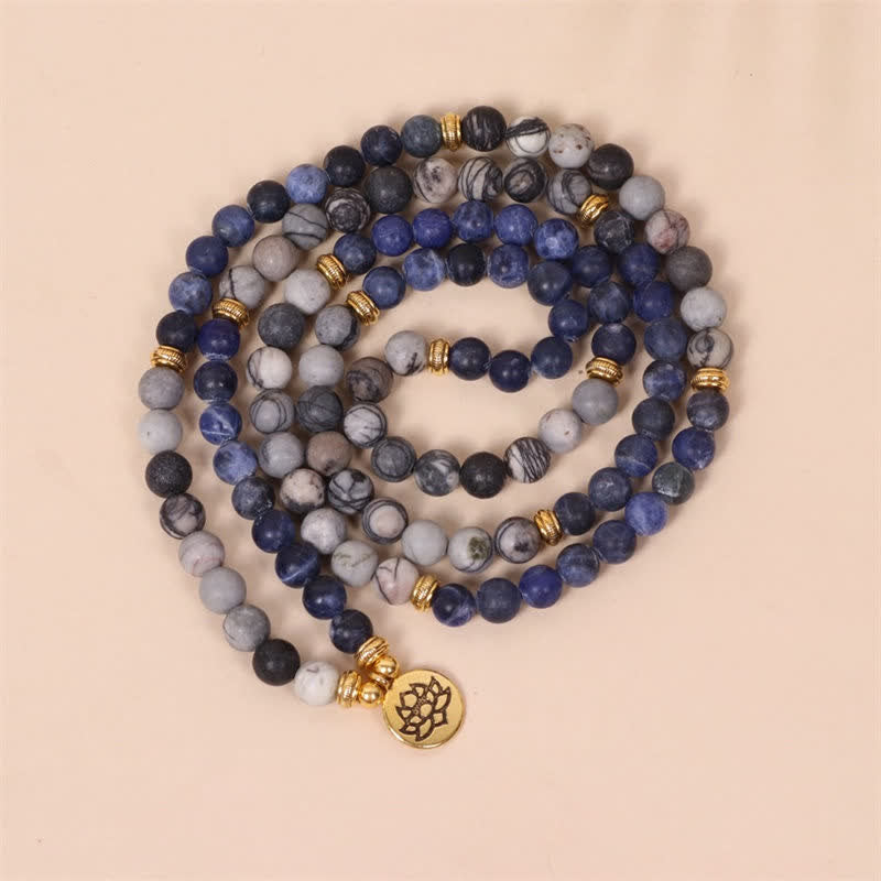 Bracelet Force Lotus 108 Perles avec Sodalite et Jaspe Zèbre
