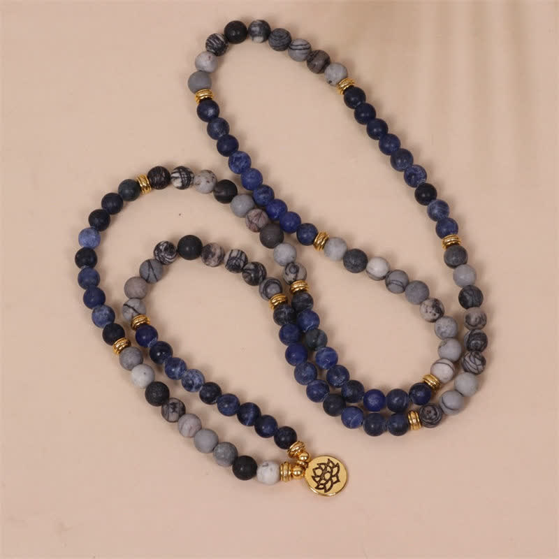 Bracelet Force Lotus 108 Perles avec Sodalite et Jaspe Zèbre