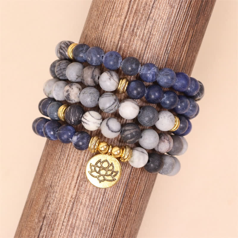 Bracelet Force Lotus 108 Perles avec Sodalite et Jaspe Zèbre