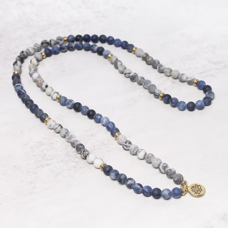 Bracelet Mala 108 perles en jaspe Picasso Lotus pour l'énergie