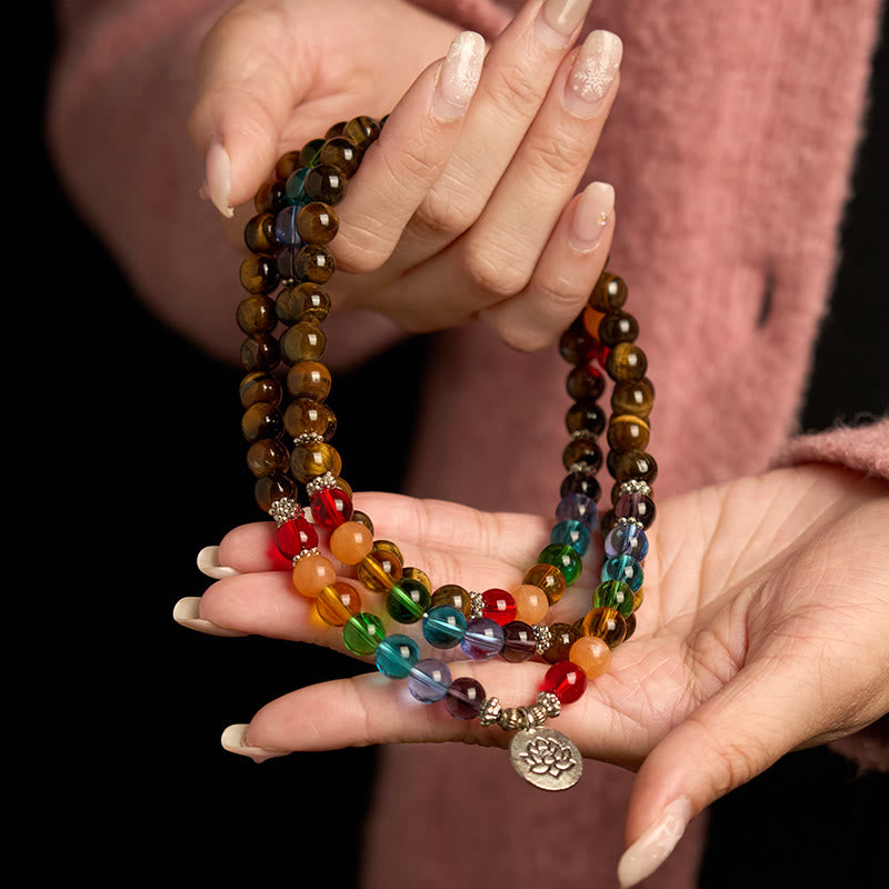 Bracelet de protection 108 perles en œil de tigre couleur lotus