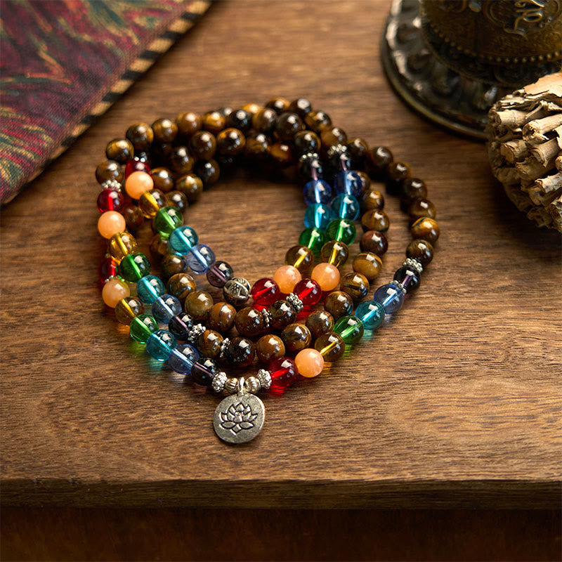 Bracelet de protection 108 perles en œil de tigre couleur lotus