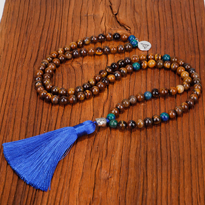 Bracelet de force 108 perles en œil de tigre avec pompon Bouddha