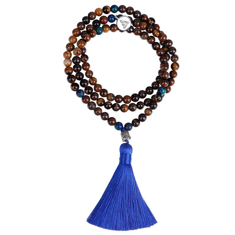 Bracelet de force 108 perles en œil de tigre avec pompon Bouddha