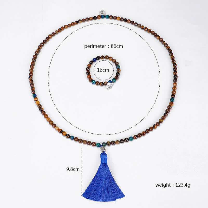 Bracelet de force 108 perles en œil de tigre avec pompon Bouddha