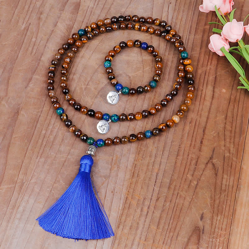 Bracelet de force 108 perles en œil de tigre avec pompon Bouddha