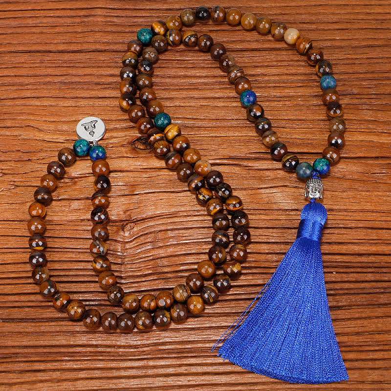 Bracelet de force 108 perles en œil de tigre avec pompon Bouddha