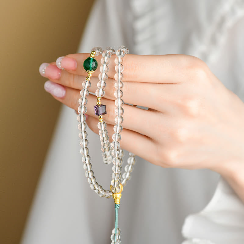 Bracelet Mala 108 perles en pierres précieuses cristallines blanches