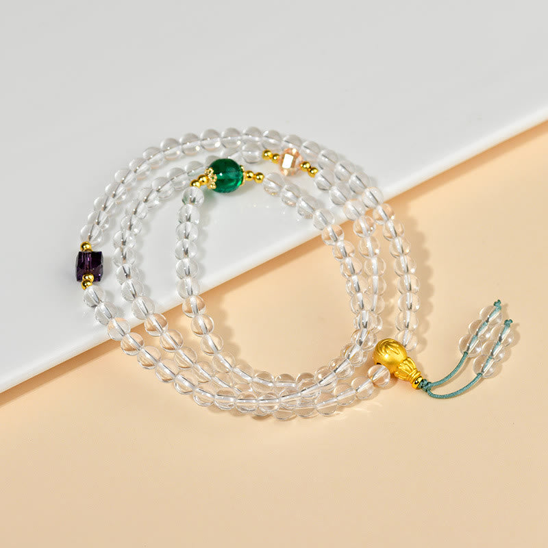 Bracelet Mala 108 perles en pierres précieuses cristallines blanches