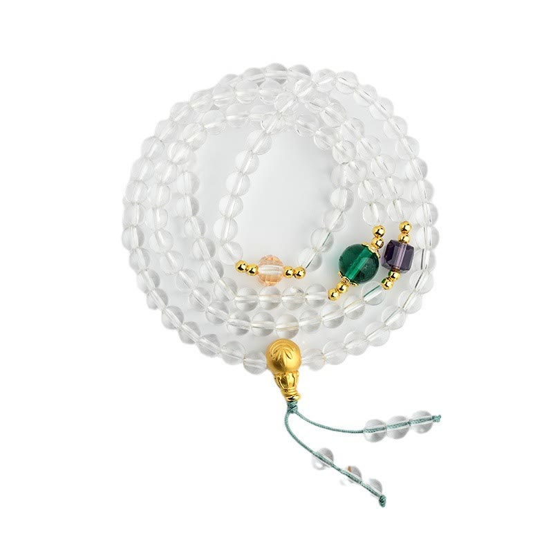 Bracelet Mala 108 perles en pierres précieuses cristallines blanches