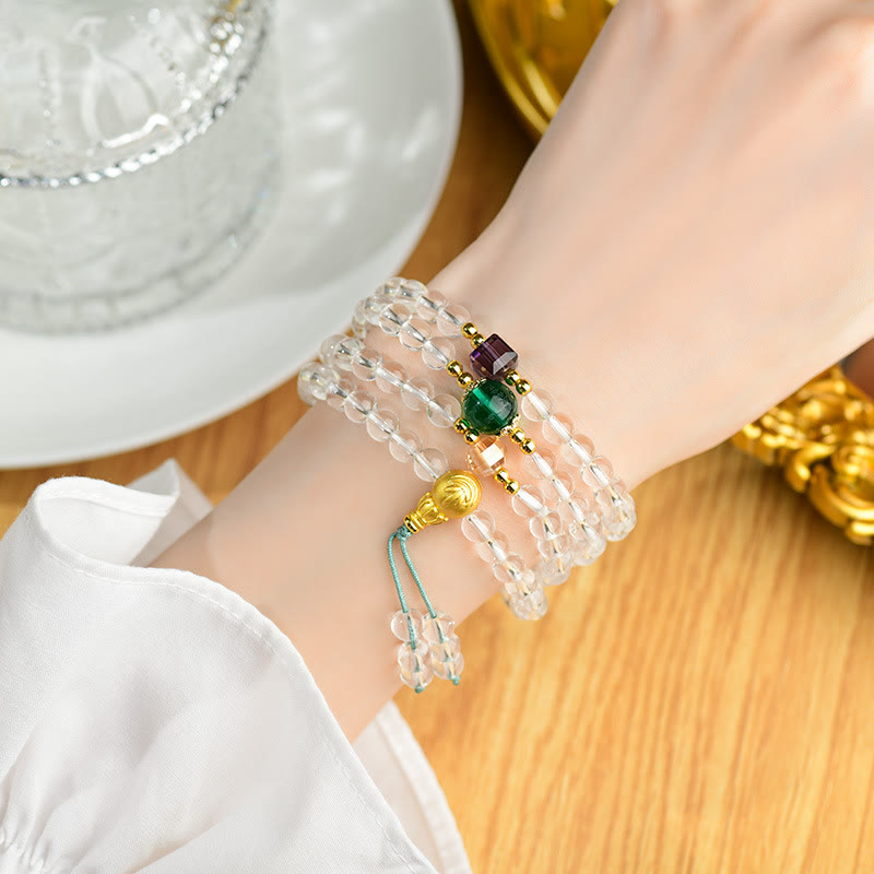 Bracelet Mala 108 perles en pierres précieuses cristallines blanches