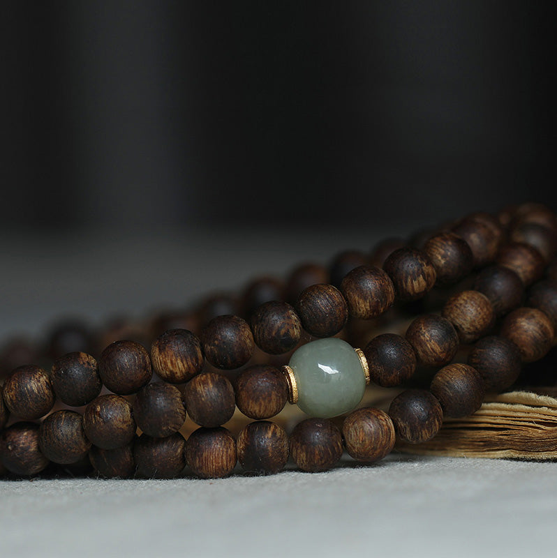 Bracelet Mala 108 Perles Bois Agarwood Jade 999 Or Paix