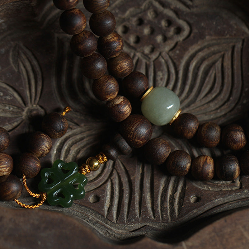 Bracelet Mala 108 Perles Bois Agarwood Jade 999 Or Paix