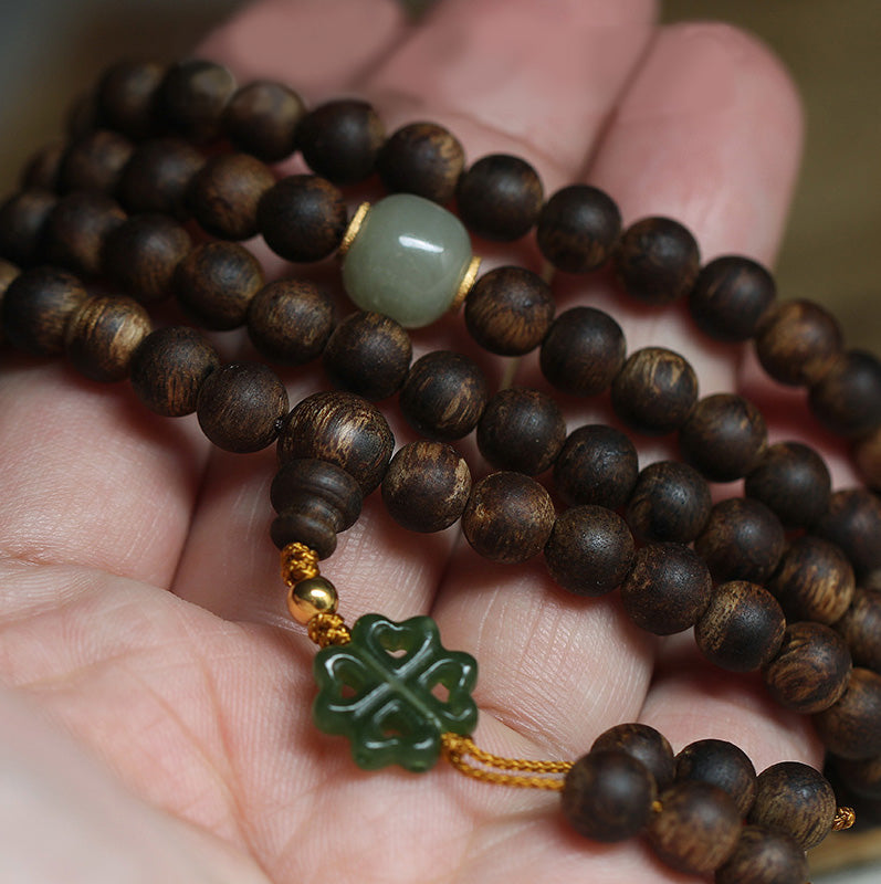 Bracelet Mala 108 Perles Bois Agarwood Jade 999 Or Paix