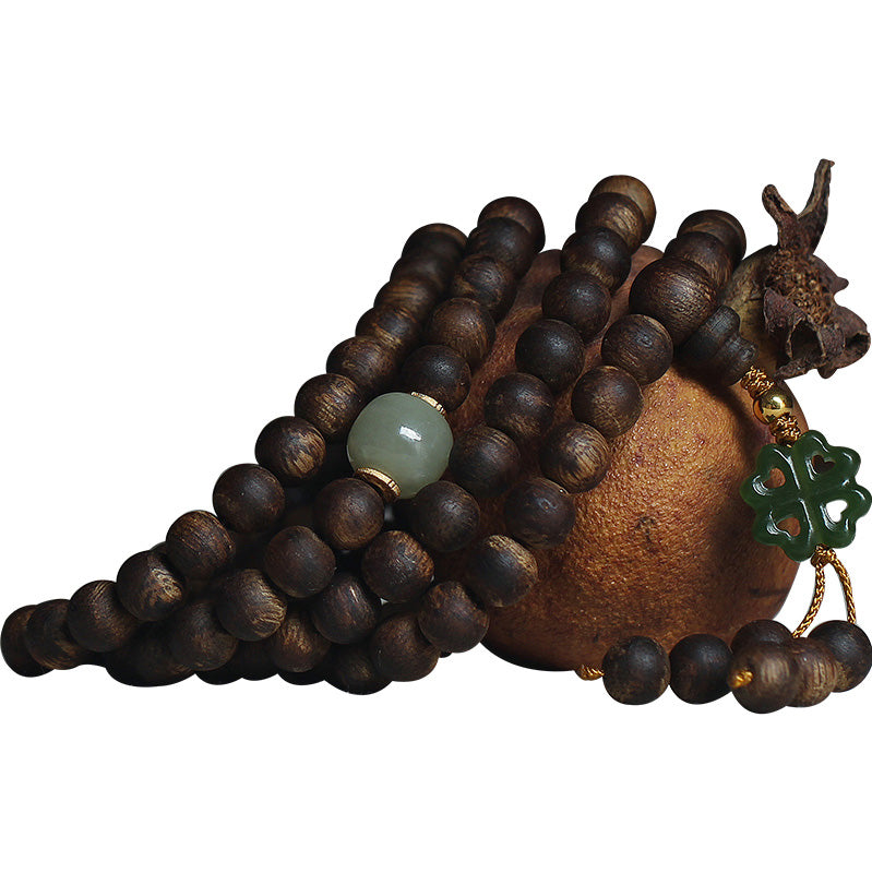 Bracelet Mala 108 Perles Bois Agarwood Jade 999 Or Paix