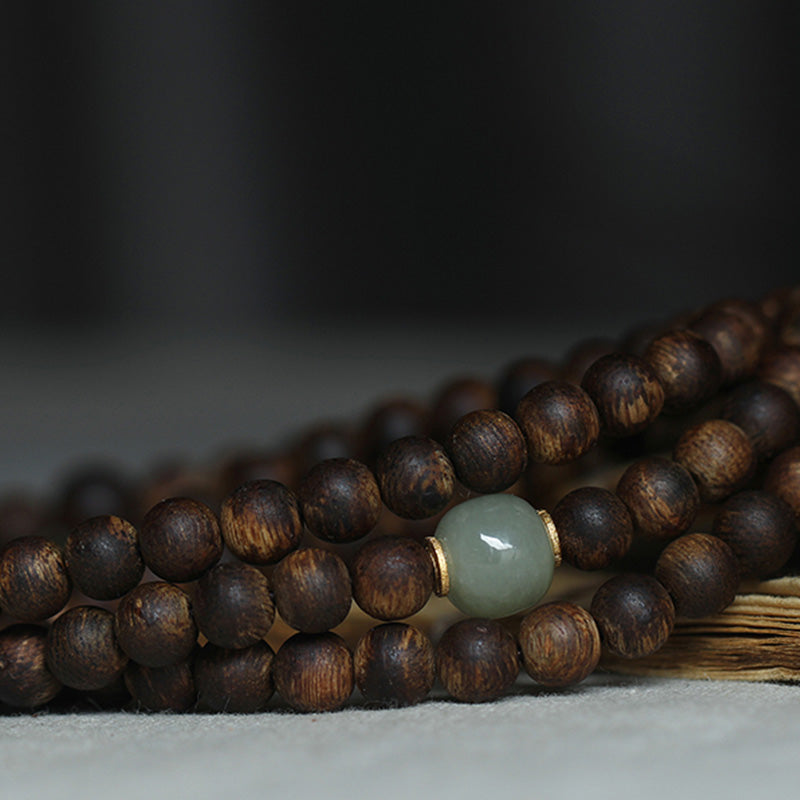 Bracelet Mala 108 Perles Bois Agarwood Jade 999 Or Paix