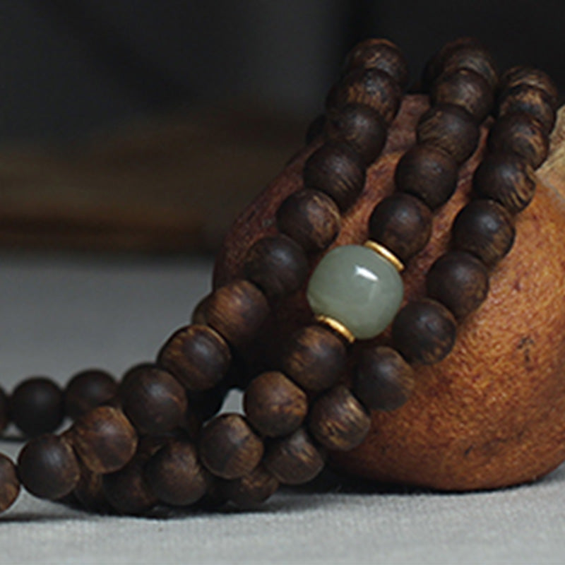 Bracelet Mala 108 Perles Bois Agarwood Jade 999 Or Paix