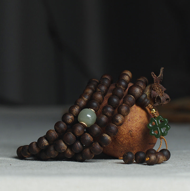 Bracelet Mala 108 Perles Bois Agarwood Jade 999 Or Paix