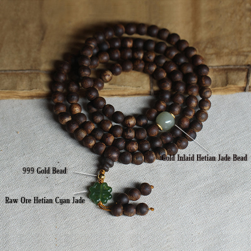 Bracelet Mala 108 Perles Bois Agarwood Jade 999 Or Paix