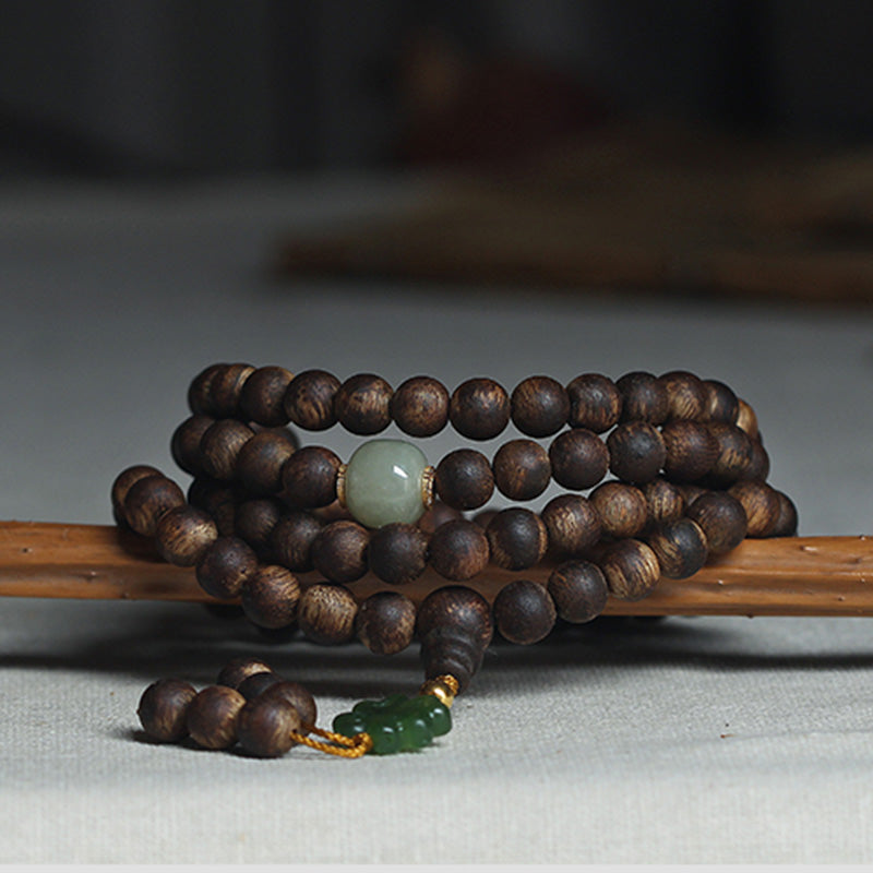 Bracelet Mala 108 Perles Bois Agarwood Jade 999 Or Paix